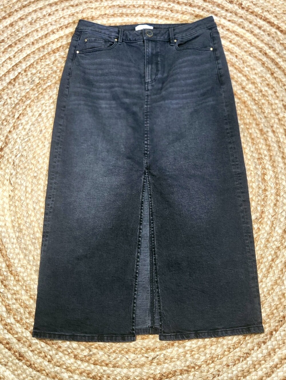 Ann Taylor Weekend Deep Split Front Washed Black Jean Denim Maxi Skirt Women 10 - Picture 4 of 11